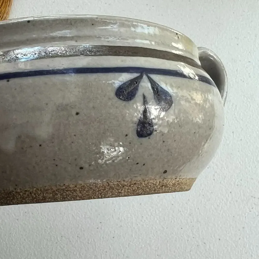 Studio Art Pottery Handmade Soup Bowl Handled Blue Striped Signed 5